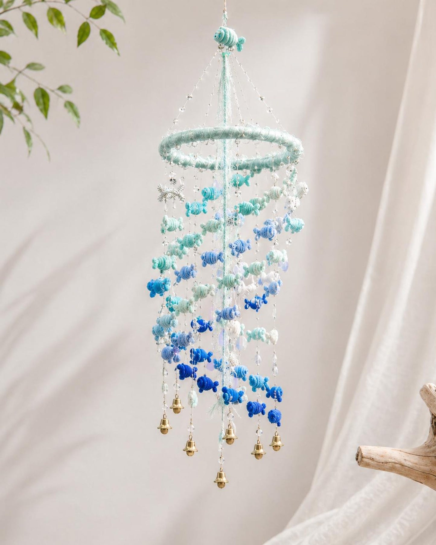 Fish Wind Chime DIY Kit or Finished Blue Hanging Decor Pipe Cleaner Fish Mobile Handmade Room Decor Ocean Theme Gift