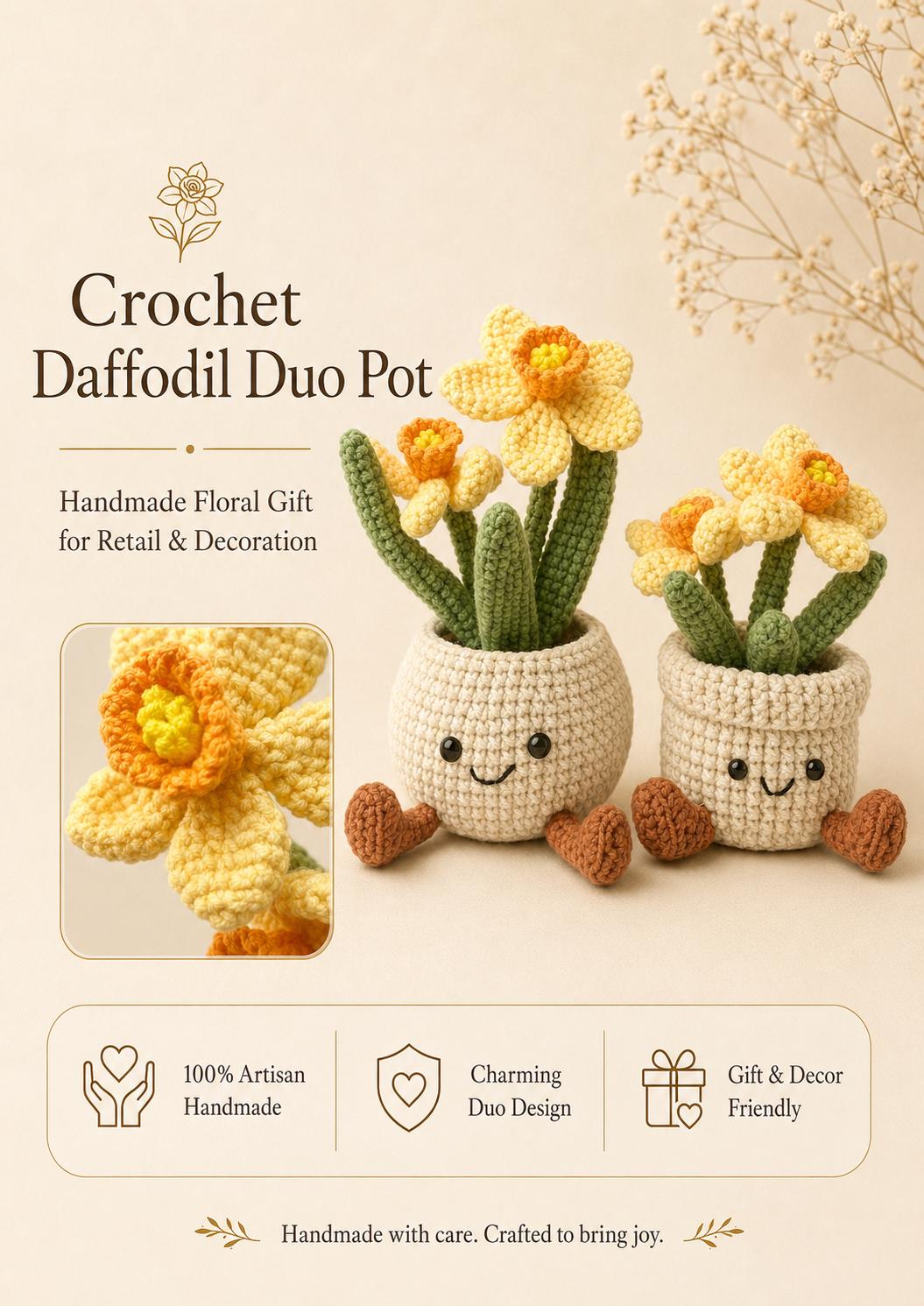 Crochet Medium Daffodil Flower Smile Pot, Handmade Yarn Plant Decor, Cute Flower Gift, Botanical Home Decoration, Cottagecore Decor
