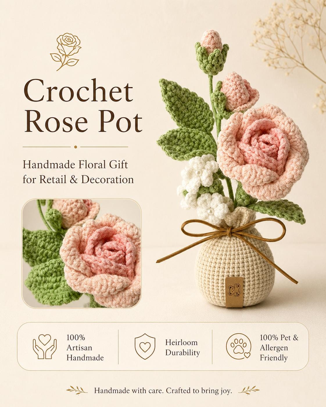 Crochet Rose Pot, Handmade Yarn Flower Arrangement, Elegant Floral Gift, Handmade Home Decor, Botanical Decoration