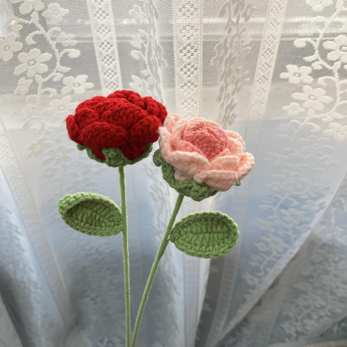 Round Petal Regular Rose Crochet Flower Stem