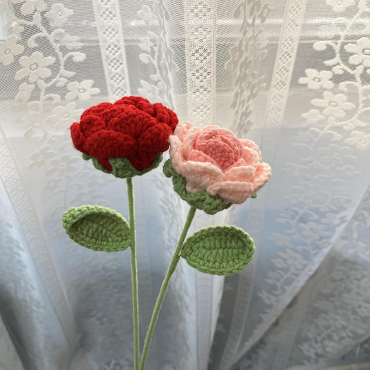 Round Petal Regular Rose Crochet Flower Stem