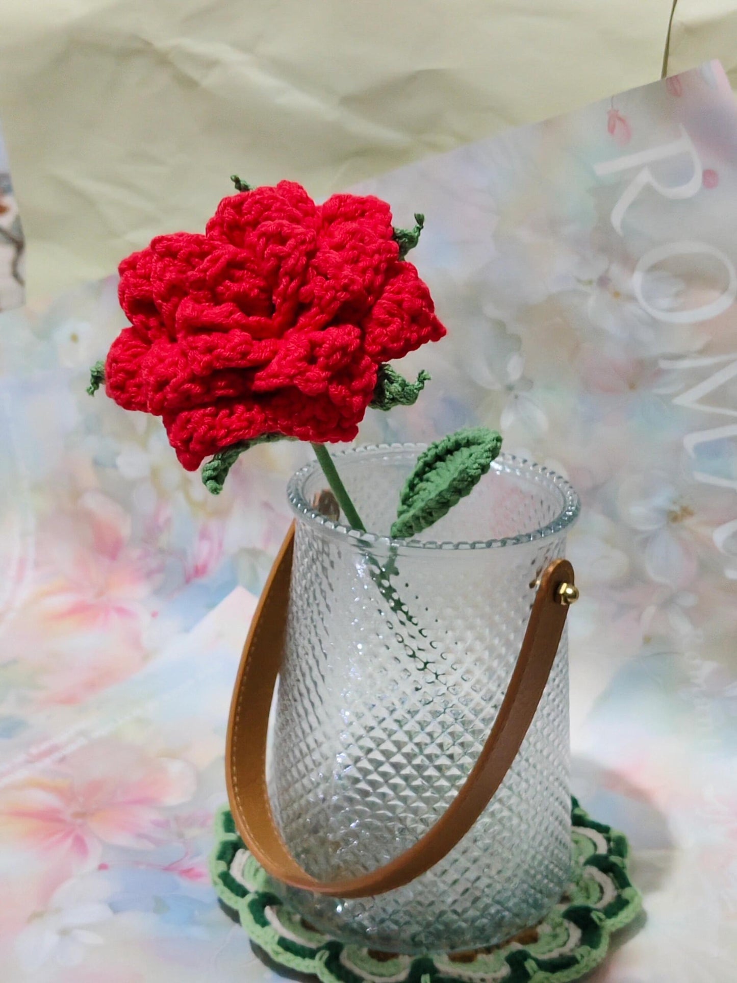 Sharp Petal Regular Rose Crochet Flower Stem