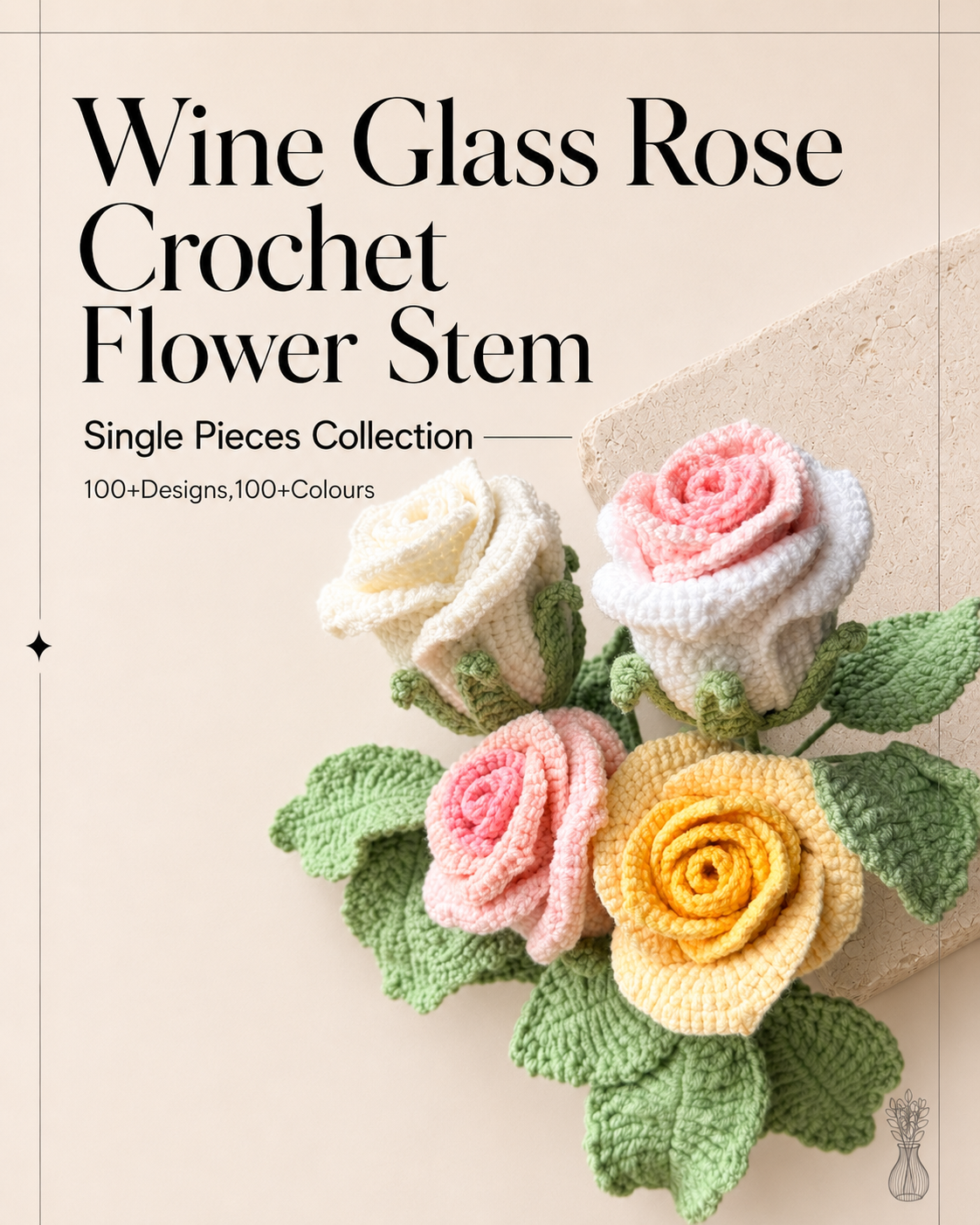 Wine Glass Rose Crochet Flower Stem