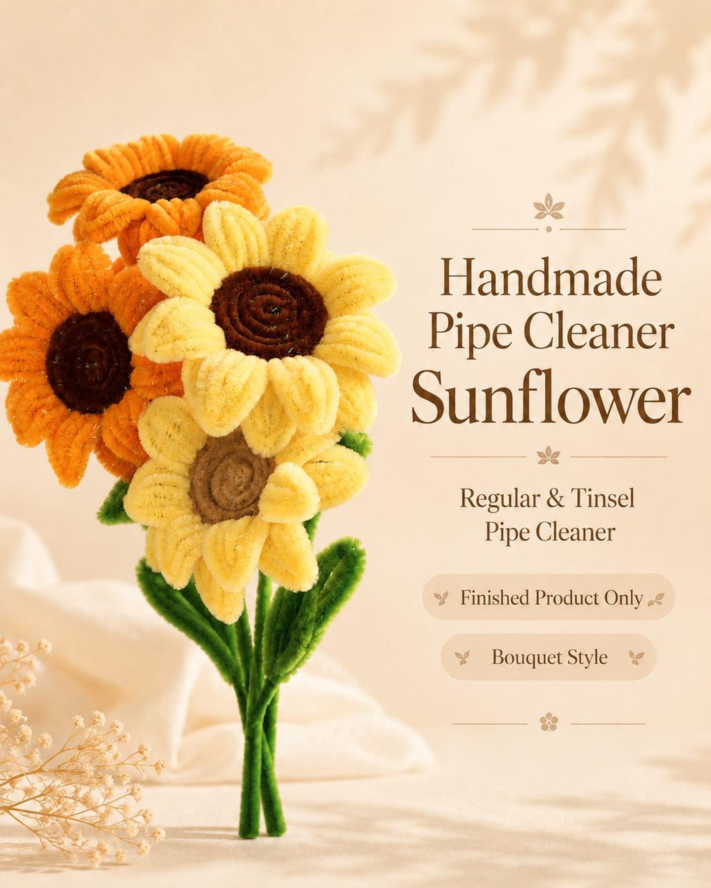 Handmade Chenille Stem Sunflower, Tinsel & Regular Finish Floral Decor
