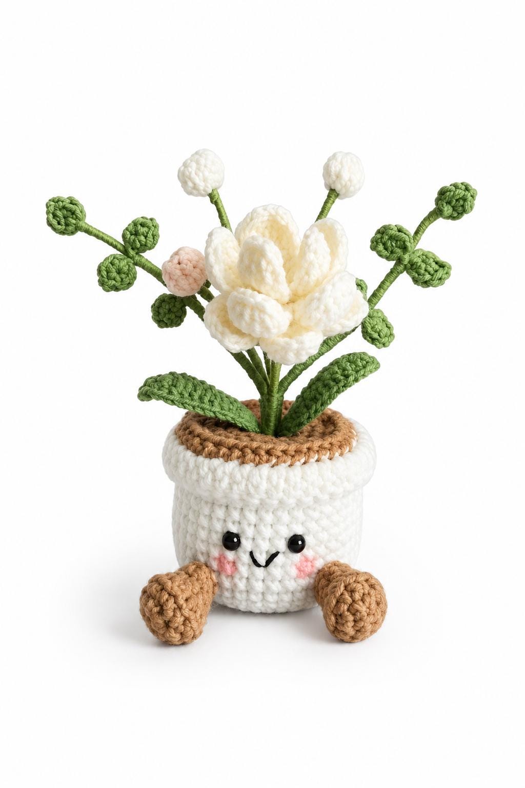Crochet Small Gardenia Smile Pot, Handmade Yarn Flower Plant, Cute Floral Gift, Botanical Home Decoration, Cottagecore Decor