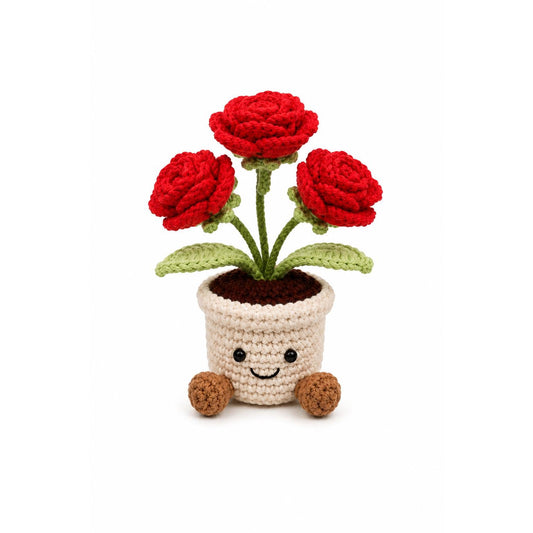 Crochet Small Rose Flower Smile Pot, Handmade Yarn Plant Decor, Cute Rose Gift, Botanical Home Decoration, Cottagecore Decor
